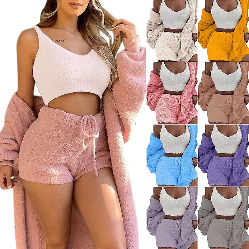 3pcs Women Plush Pajamas Set Casual Plush Shorts Vest Coat Loungewear Set