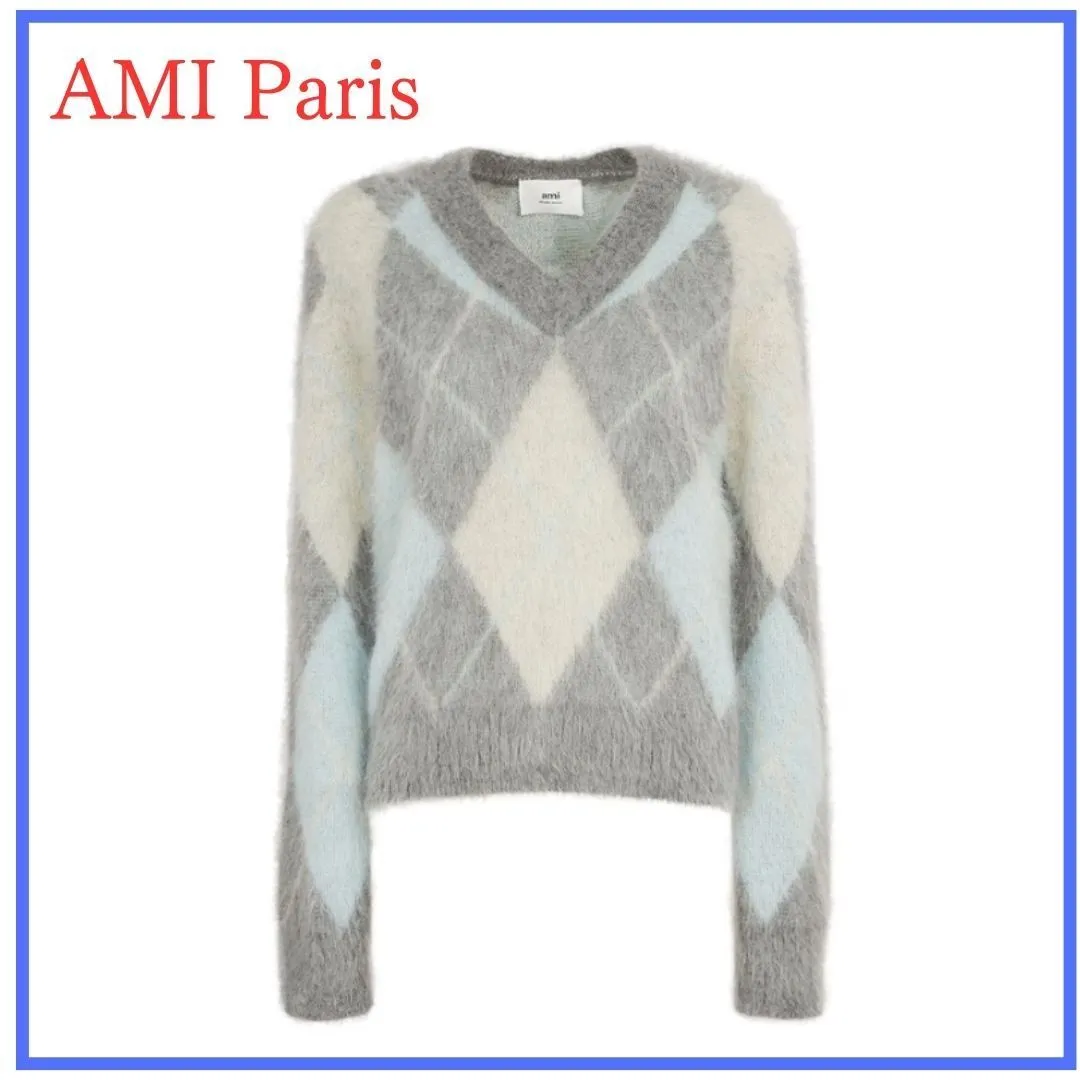 AMI PARIS  |Argile Casual Style Unisex Rib V-Neck Long Sleeves