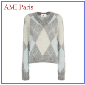 AMI PARIS  |Argile Casual Style Unisex Rib V-Neck Long Sleeves