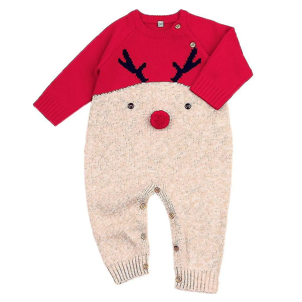 Baby Christmas Red Nose Reindeer Long Sleeve Pajamas Jumpsuit Knit Romper 0-24m