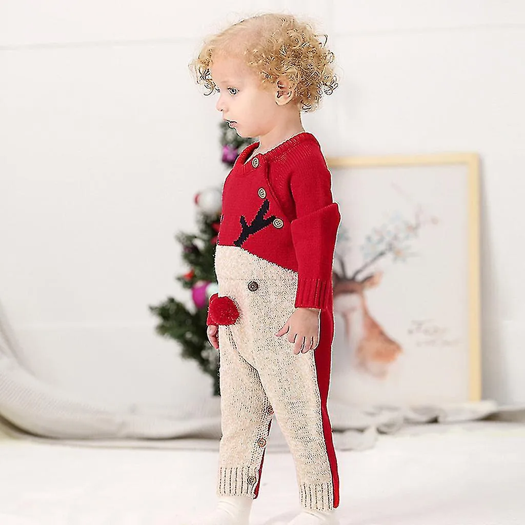 Baby Christmas Red Nose Reindeer Long Sleeve Pajamas Jumpsuit Knit Romper 0-24m