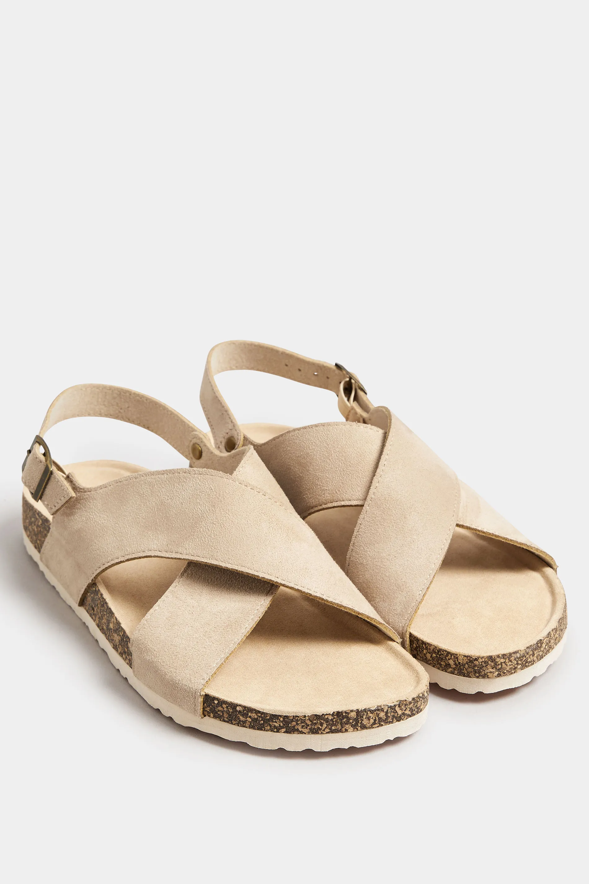 Beige Brown Cross Strap Footbed Sandals In Extra Wide EEE Fit