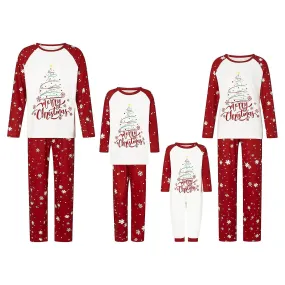 Christmas Family Matching Pajamas Set, Long Sleeve Tree Letters Print T-shirt With Snow Print Pants Sleepwear Loungewear