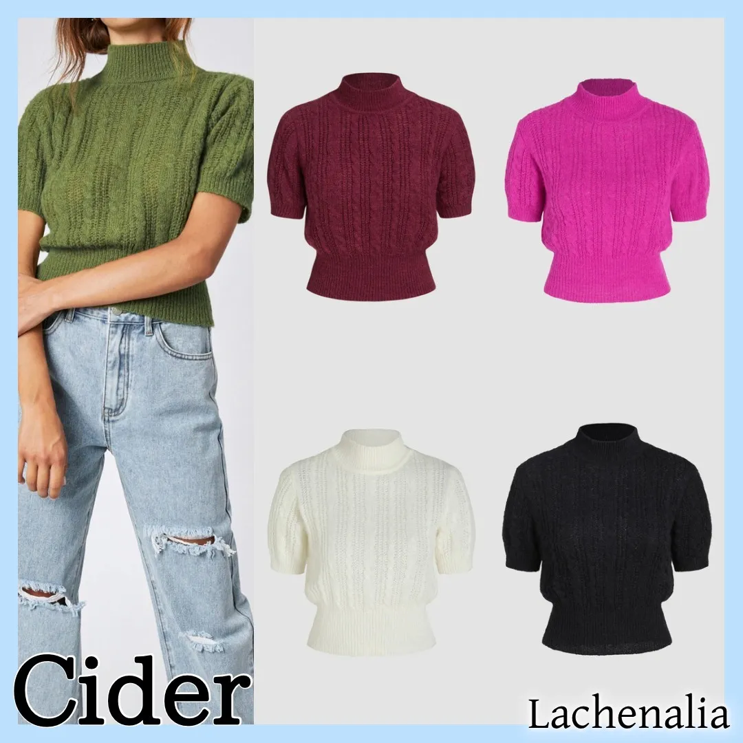 Cider  |Casual Style Rib Plain Short Sleeves High-Neck Elegant Style