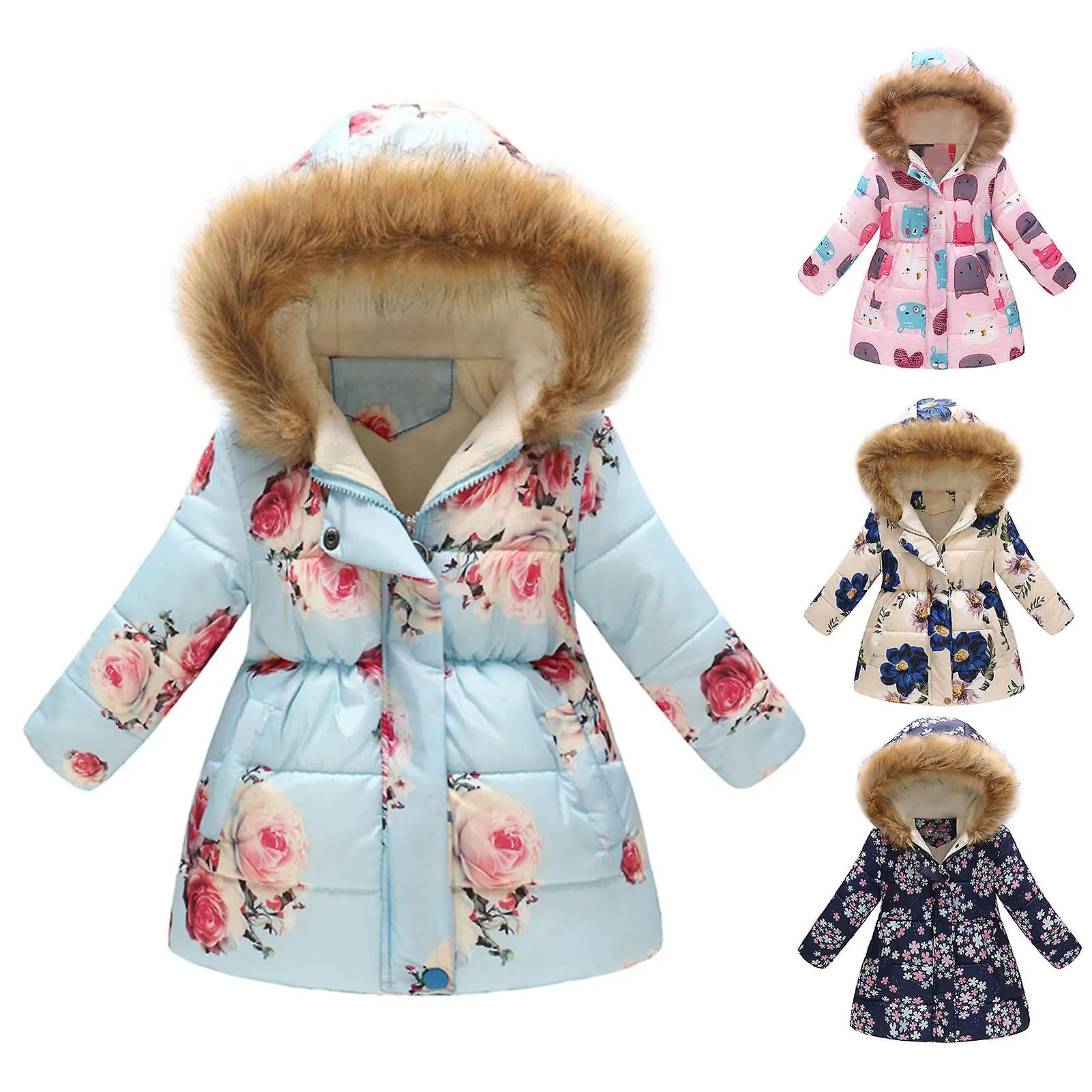 Fianao Zipper Closure Long Sleeve Girls Overcoat Fleece Lined Floral Print Plush Hooded Pockets Padded Jacket Outerwear