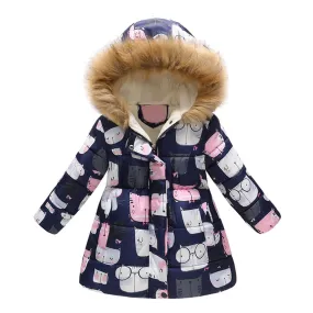 Fianao Zipper Closure Long Sleeve Girls Overcoat Fleece Lined Floral Print Plush Hooded Pockets Padded Jacket Outerwear