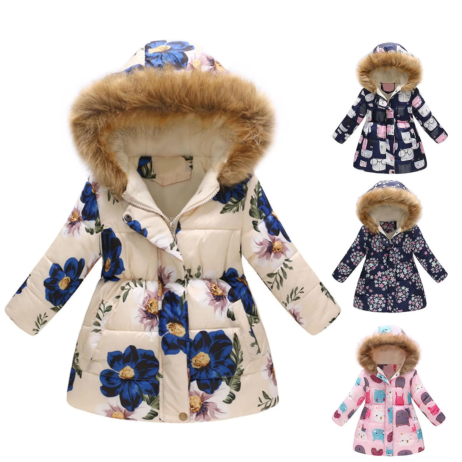 Fianao Zipper Closure Long Sleeve Girls Overcoat Fleece Lined Floral Print Plush Hooded Pockets Padded Jacket Outerwear