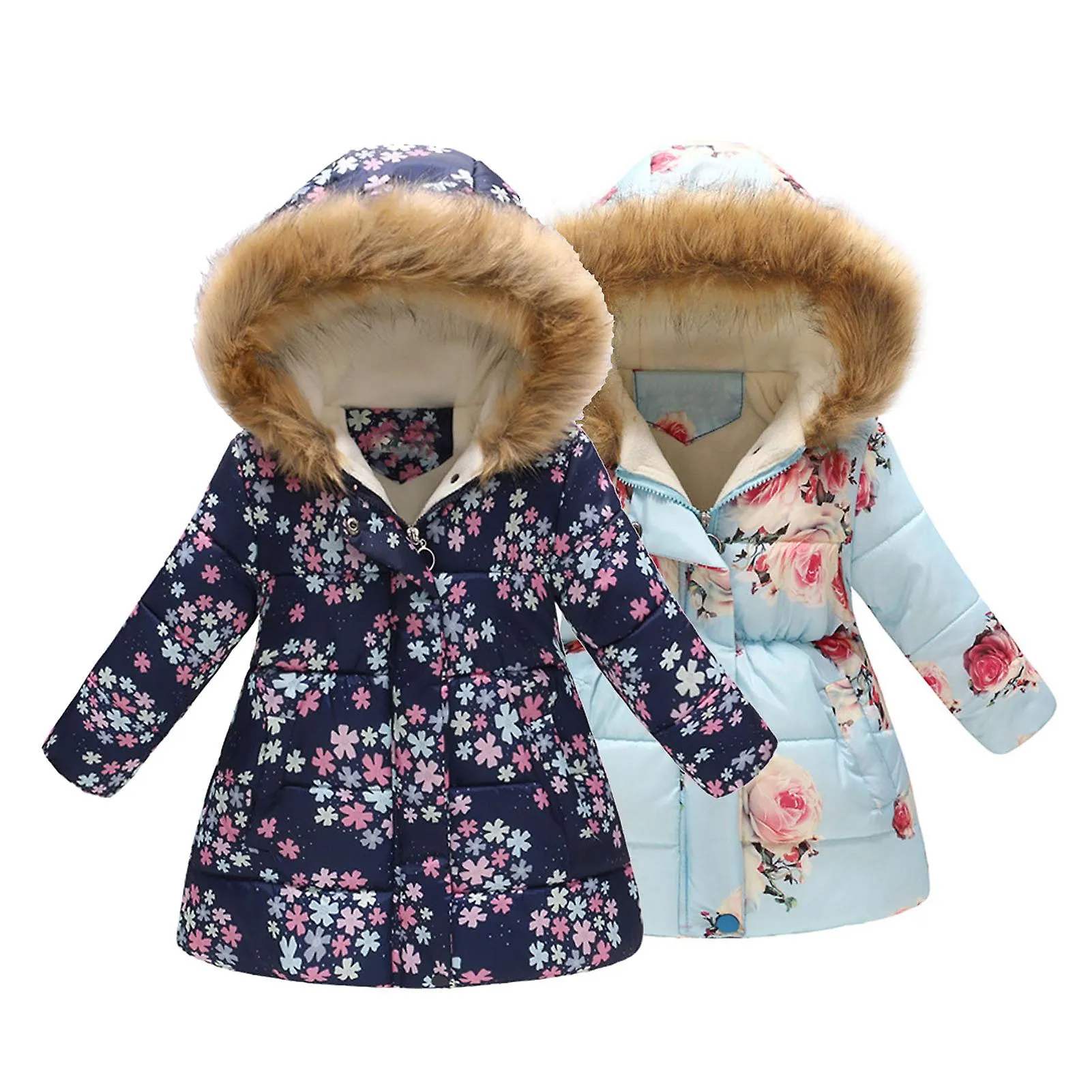 Fianao Zipper Closure Long Sleeve Girls Overcoat Fleece Lined Floral Print Plush Hooded Pockets Padded Jacket Outerwear