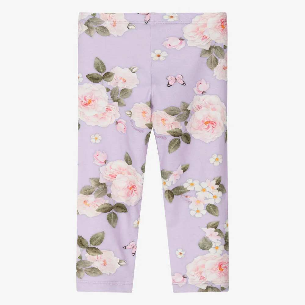 Girls Purple Floral Cotton Jersey Leggings