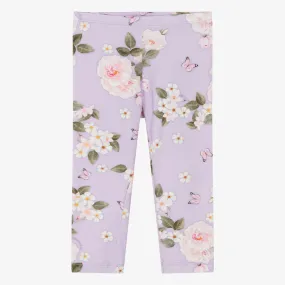 Girls Purple Floral Cotton Jersey Leggings