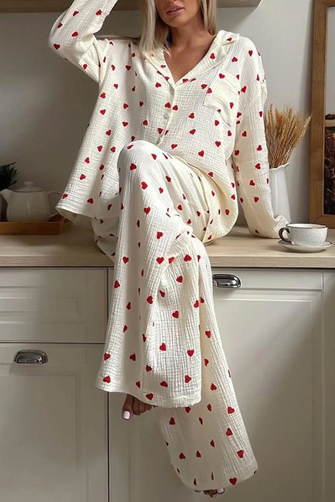 Heart Print Cotton Two-piece Loungewear