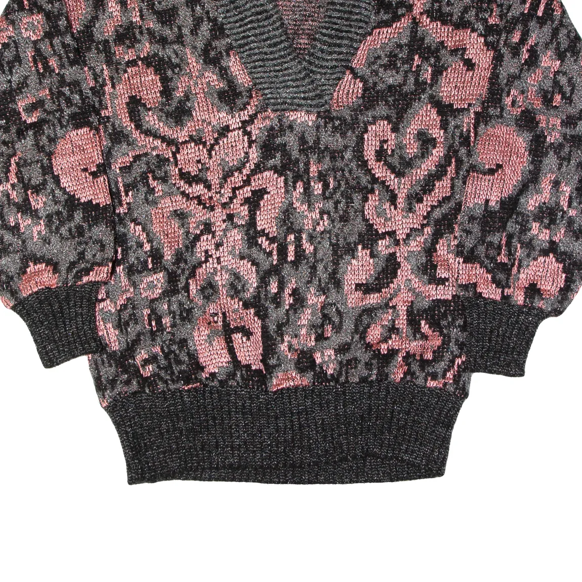 HELEN KNITS Womens Patterned Jumper Pink Crazy Pattern V-Neck Chunky Knit Wool S