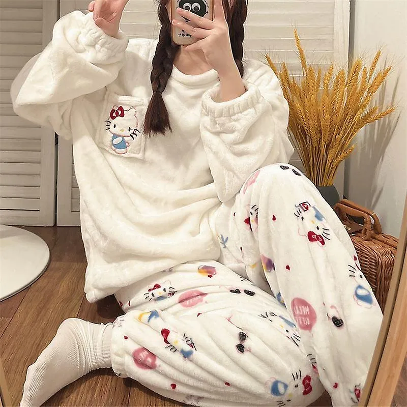 Kawaii Sanrio Peluche Pijama Hello Kittys Y2k Soft Coral Fleece Loungewear 2-piece Set Jerover Shirt Pantalones Navidad de las m