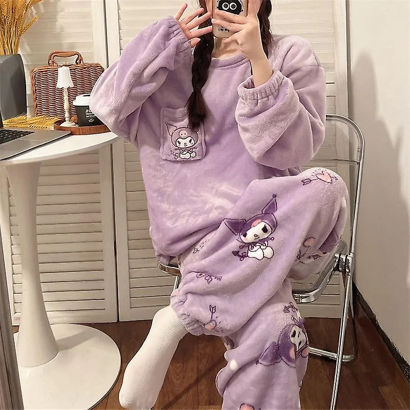 Kawaii Sanrio Peluche Pijama Hello Kittys Y2k Soft Coral Fleece Loungewear 2-piece Set Jerover Shirt Pantalones Navidad de las m