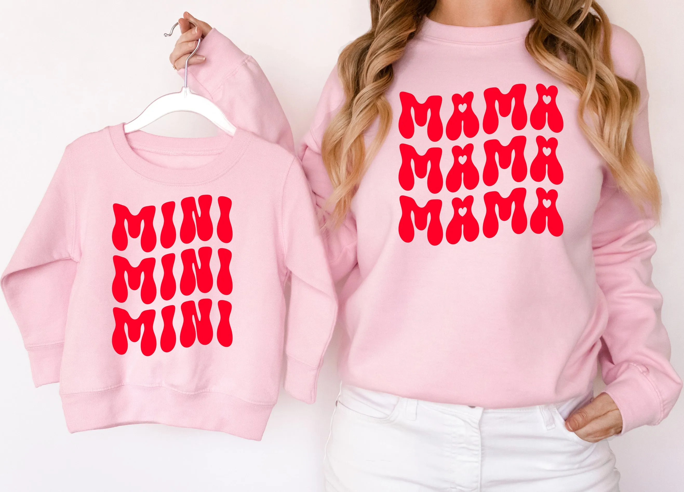 Mama Mini Valentines Day Matching Sweatshirts Mothers Day Matching Jumpers Mommy and Me Gift Pink/Red