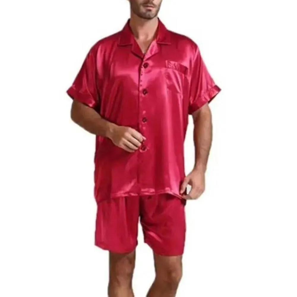 Men Comfy Silk Satin Pajamas Set Short Sleeve Tops + Shorts Soft Sleepwear Nightwear-xdd