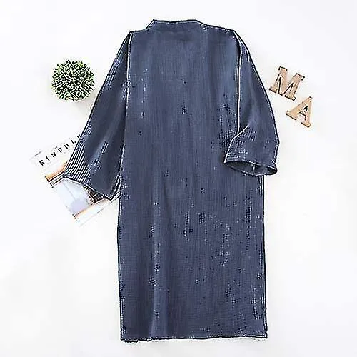 Men's Kimono Robes Cotton Dressing Gown Khan Steamed Clothing Bathrobes Long Sleeve Sleepwear Loungewear Nightwear. Navy