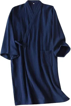 Men's Kimono Robes Cotton Dressing Gown Khan Steamed Clothing Bathrobes Long Sleeve Sleepwear Loungewear Nightwear. Navy