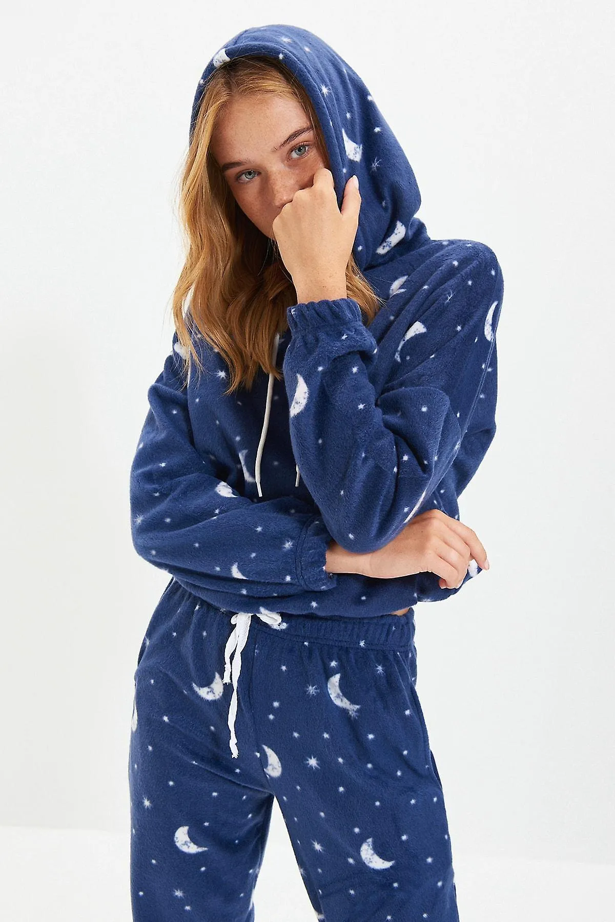 Navy blue hooded fleece knitted pajamas set thmaw22pt0365