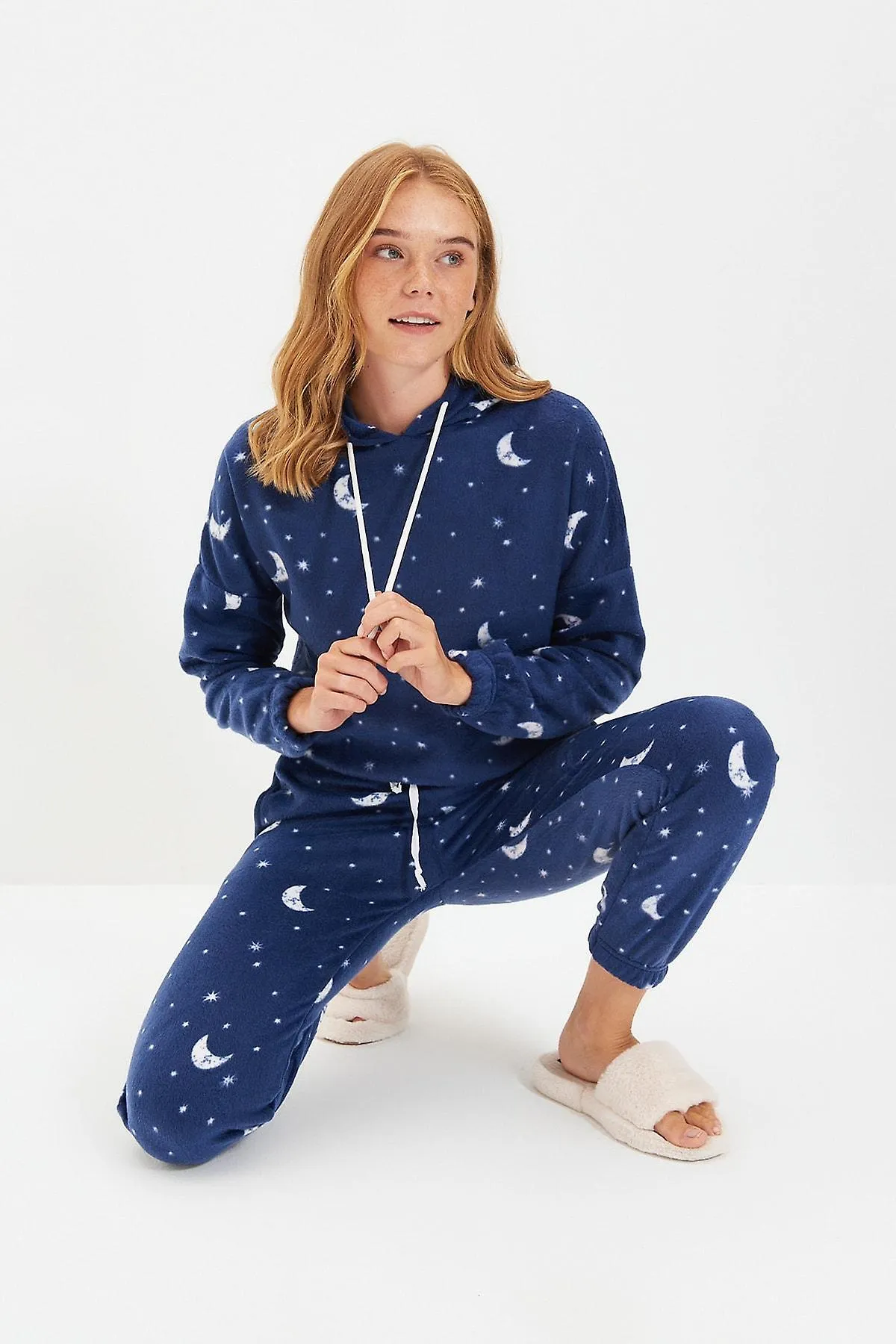 Navy blue hooded fleece knitted pajamas set thmaw22pt0365