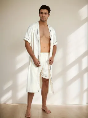 New style Elegant Men's Summer Robe + Short Set, Breathable Comfy Lightweight Thin Style Sleepwear, Pajama Loungewear Bathro