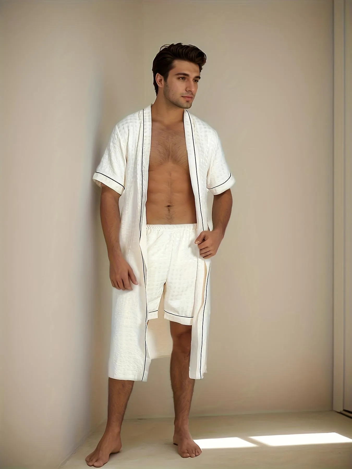 New style Elegant Men's Summer Robe + Short Set, Breathable Comfy Lightweight Thin Style Sleepwear, Pajama Loungewear Bathro