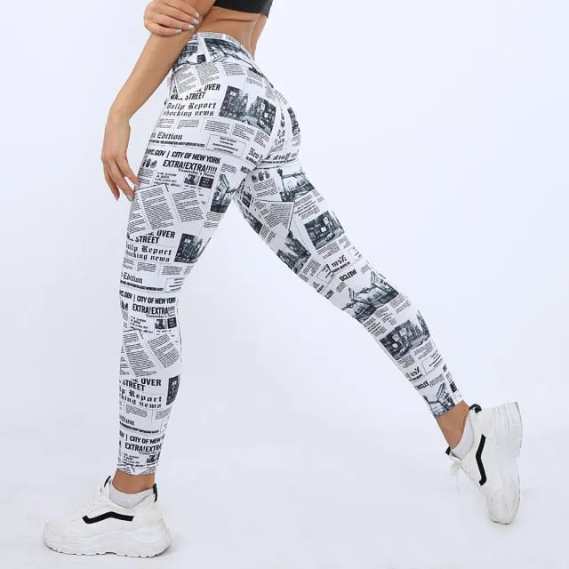 Newspaper Print Workout Leggings for Women - Active Yoga Pants with Push Up Effect