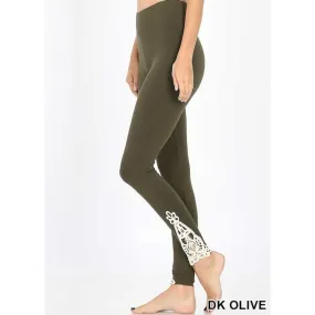 Olive green leggings with crochet trim - available now.