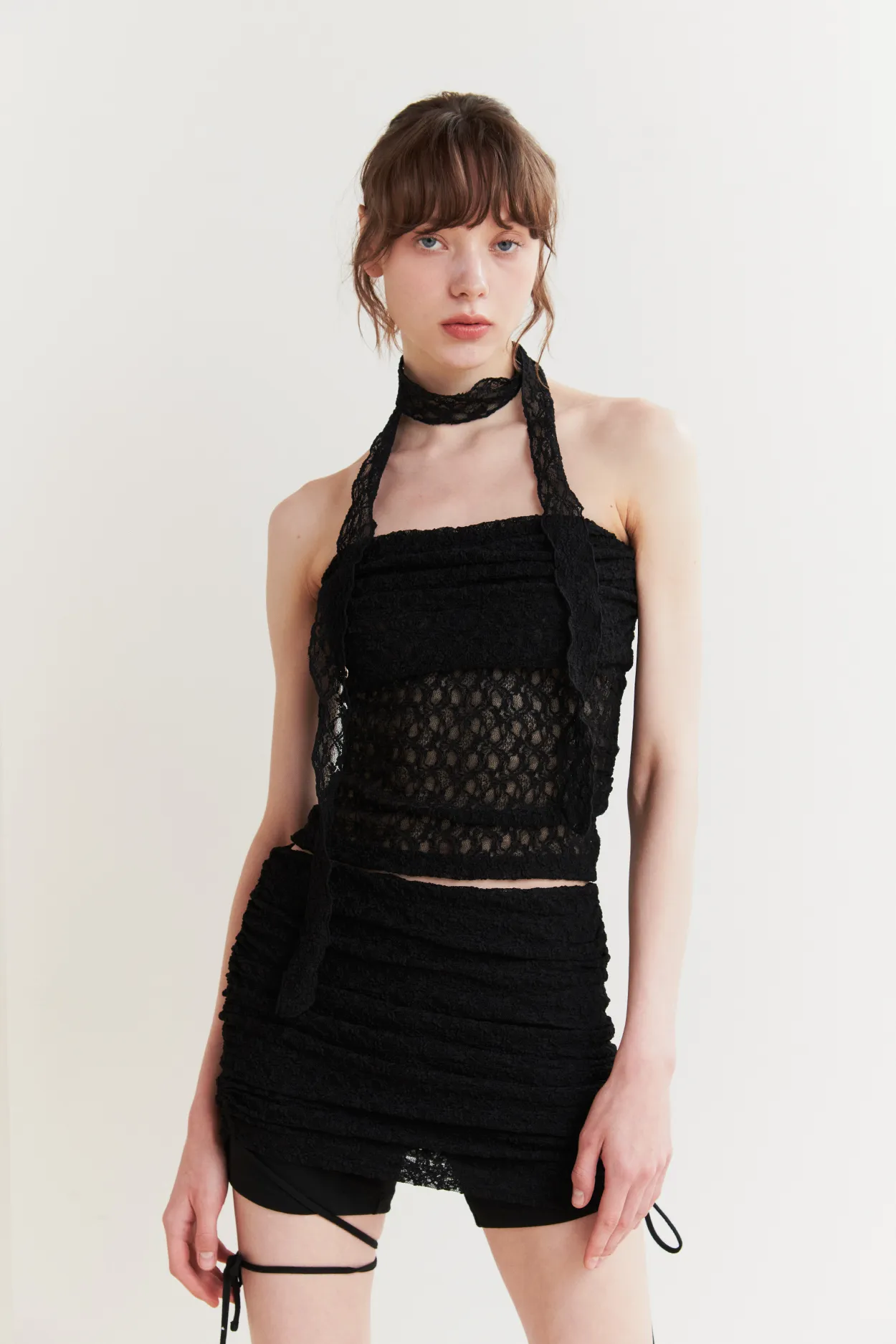 PAIN OR PLEASURE  |Casual Style Sleeveless Street Style Plain Lace Co-ord Sheer