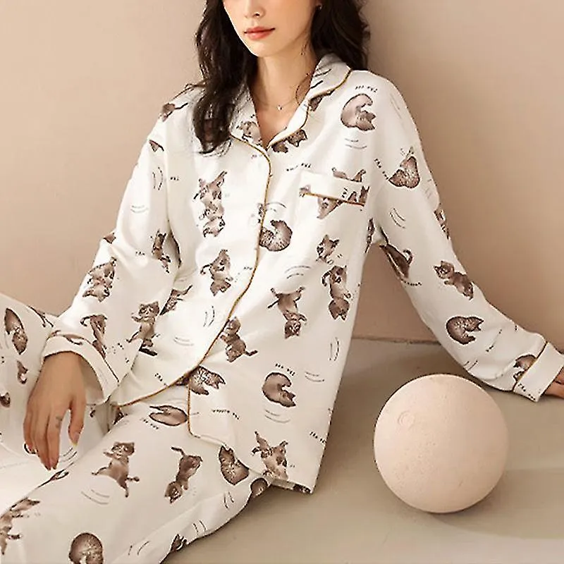 Pijama Lucky Cat Print Ropa de Gato de Algodón Loungewear-yvan