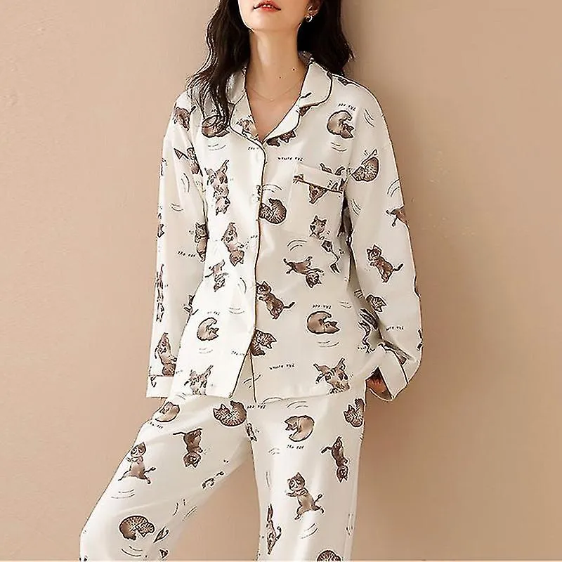 Pijama Lucky Cat Print Ropa de Gato de Algodón Loungewear-yvan