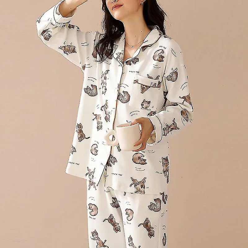 Pijama Lucky Cat Print Ropa de Gato de Algodón Loungewear-yvan