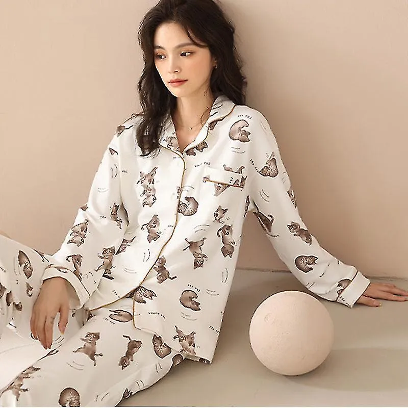 Pijama Lucky Cat Print Ropa de Gato de Algodón Loungewear-yvan