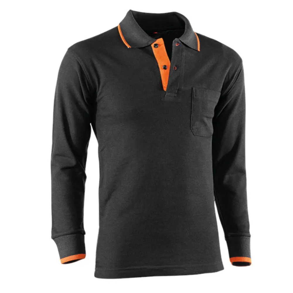 Polo piqué manga larga negro y naranja