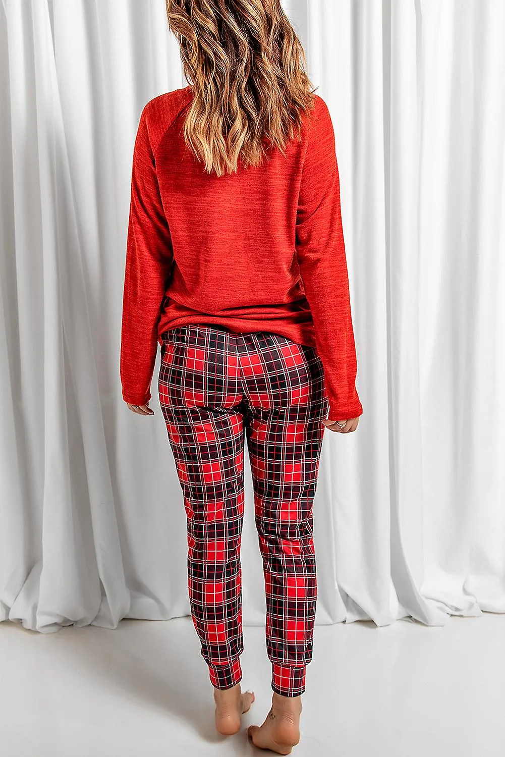 Rojo Rojo Feliz Navidad Estampado a cuadros de dos piezas Loungewear