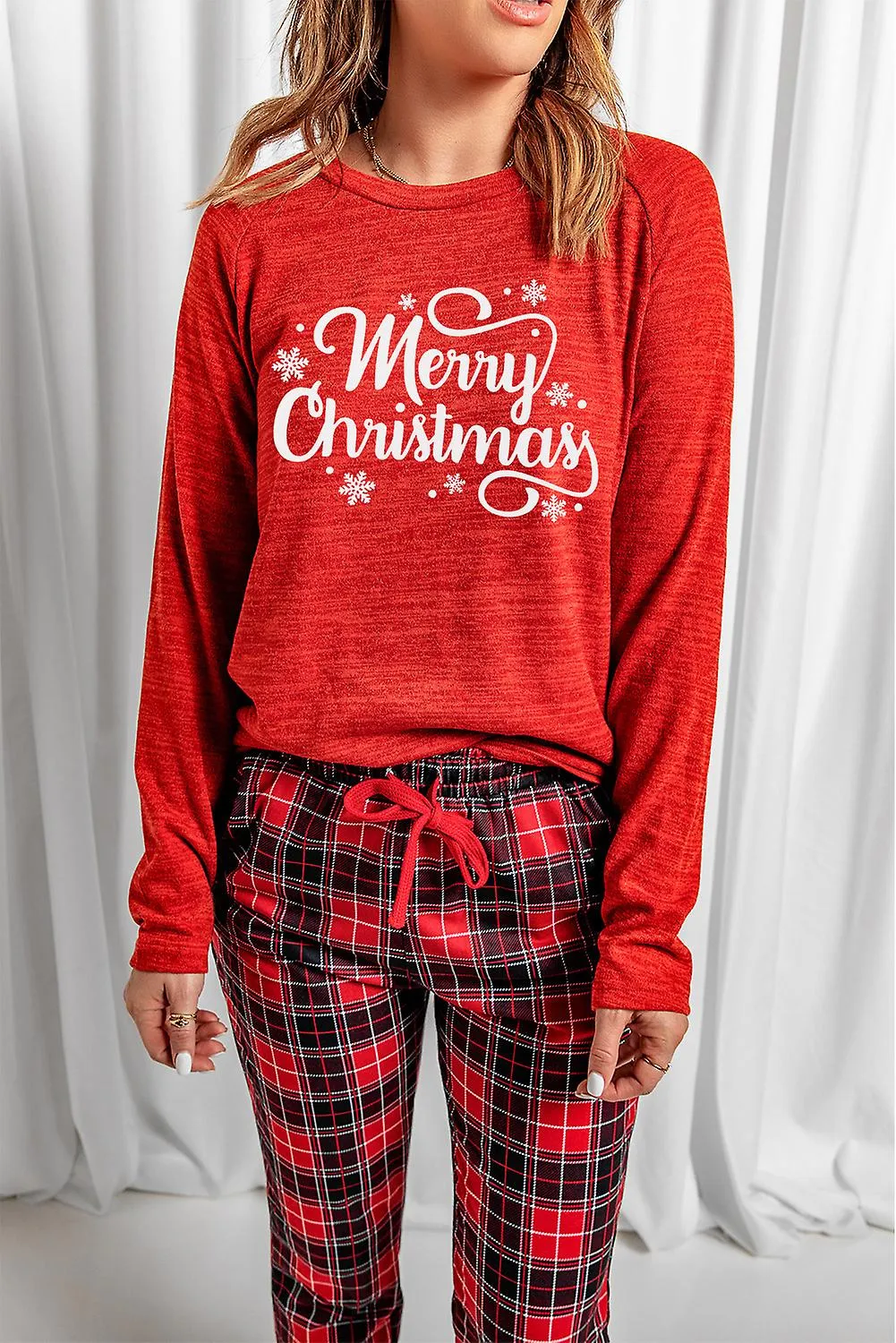 Rojo Rojo Feliz Navidad Estampado a cuadros de dos piezas Loungewear