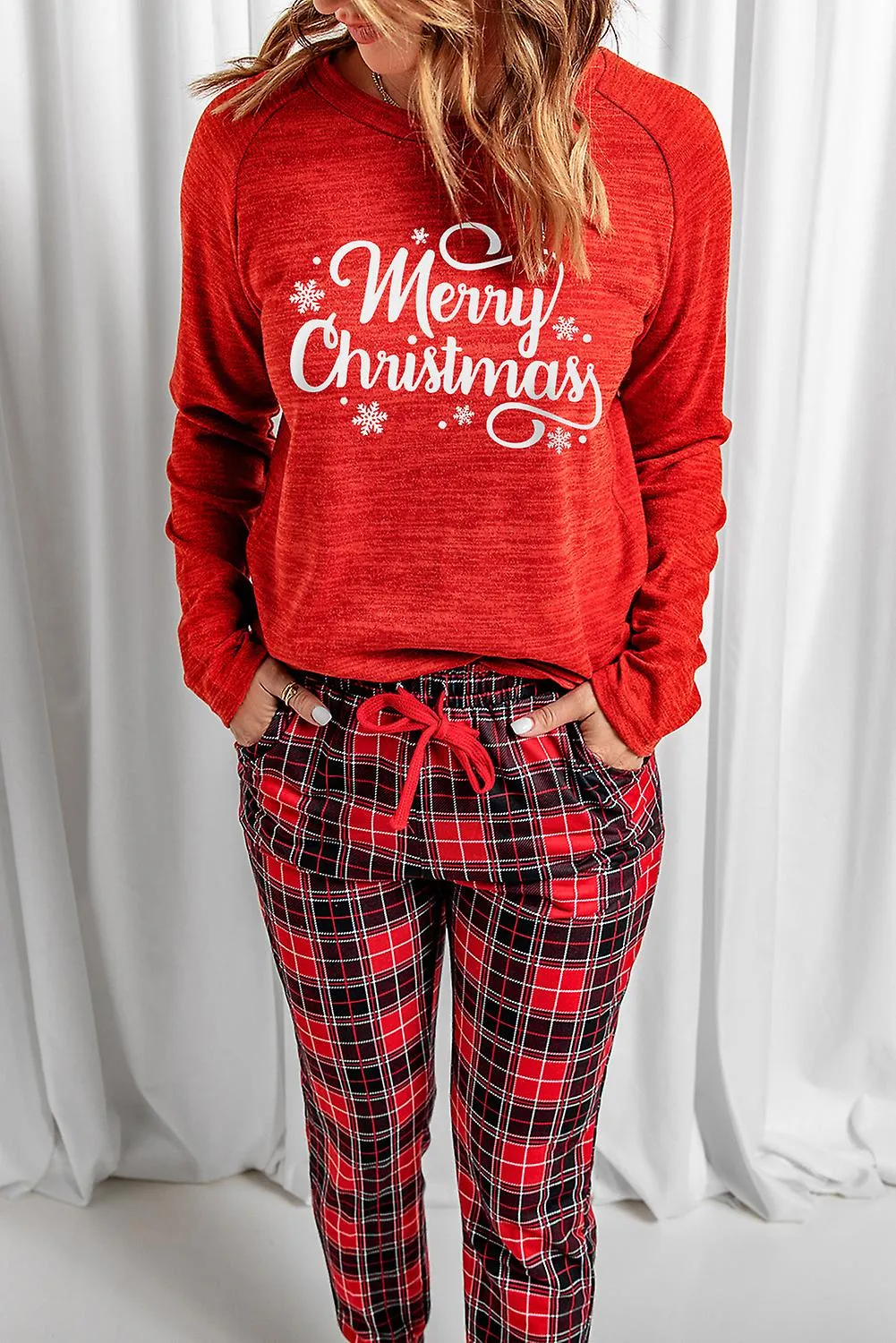 Rojo Rojo Feliz Navidad Estampado a cuadros de dos piezas Loungewear