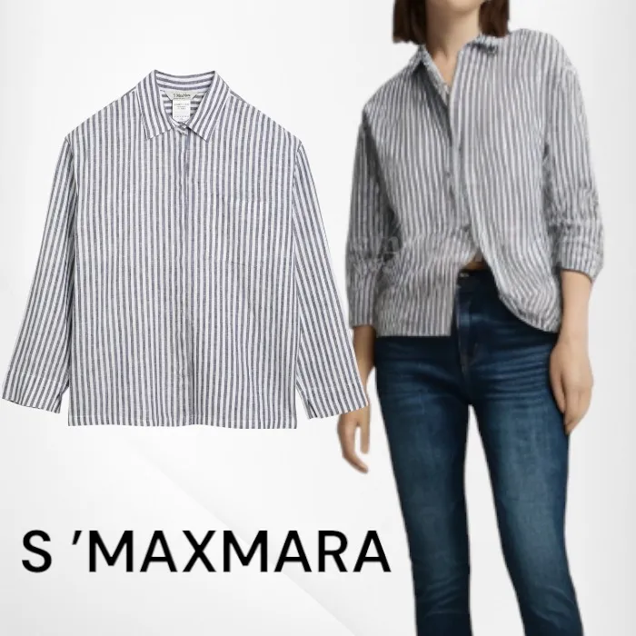 S Max Mara  |Stripes Casual Style Linen Long Sleeves Office Style