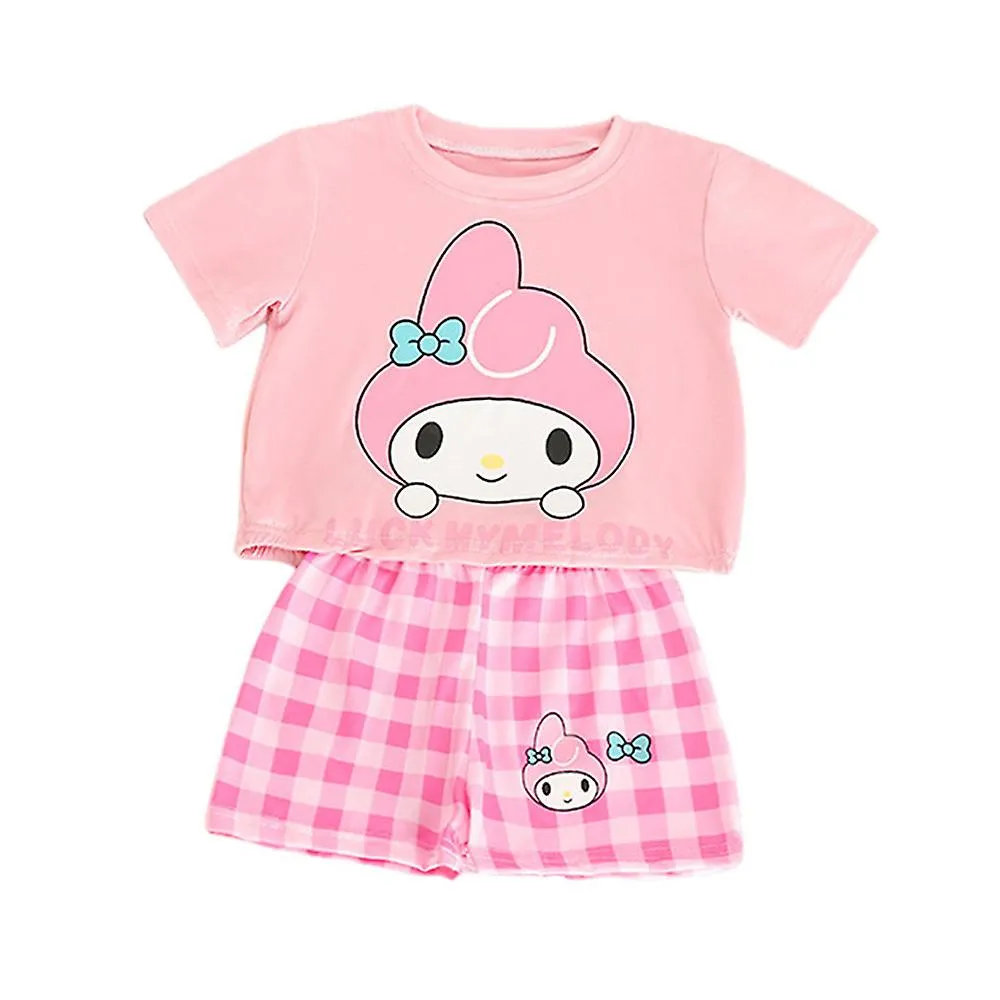 Sanrio Cartoon Melody Kuromi Hello Kitty Cinnamoroll Outfits Kids Girls Summer Casual T-Shirt Plaid Shorts Set Loungewear Home C