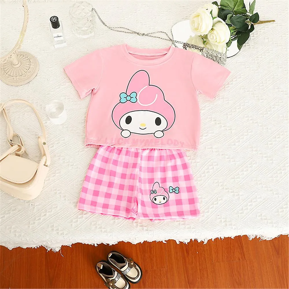 Sanrio Cartoon Melody Kuromi Hello Kitty Cinnamoroll Outfits Kids Girls Summer Casual T-Shirt Plaid Shorts Set Loungewear Home C