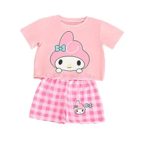 Sanrio Cartoon Melody Kuromi Hello Kitty Cinnamoroll Outfits Kids Girls Summer Casual T-Shirt Plaid Shorts Set Loungewear Home C