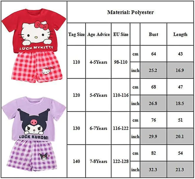 Sanrio Cartoon Melody Kuromi Hello Kitty Cinnamoroll Outfits Kids Girls Summer Casual T-Shirt Plaid Shorts Set Loungewear Home C