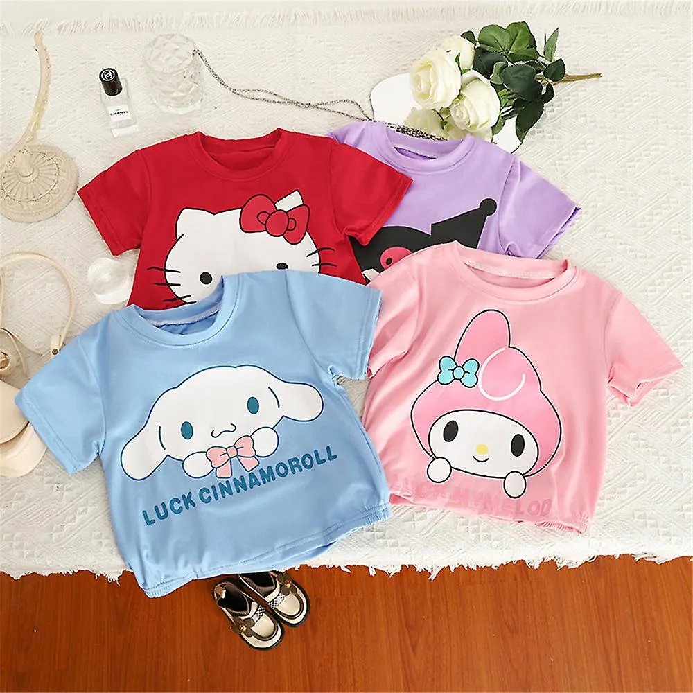 Sanrio Cartoon Melody Kuromi Hello Kitty Cinnamoroll Outfits Kids Girls Summer Casual T-Shirt Plaid Shorts Set Loungewear Home C