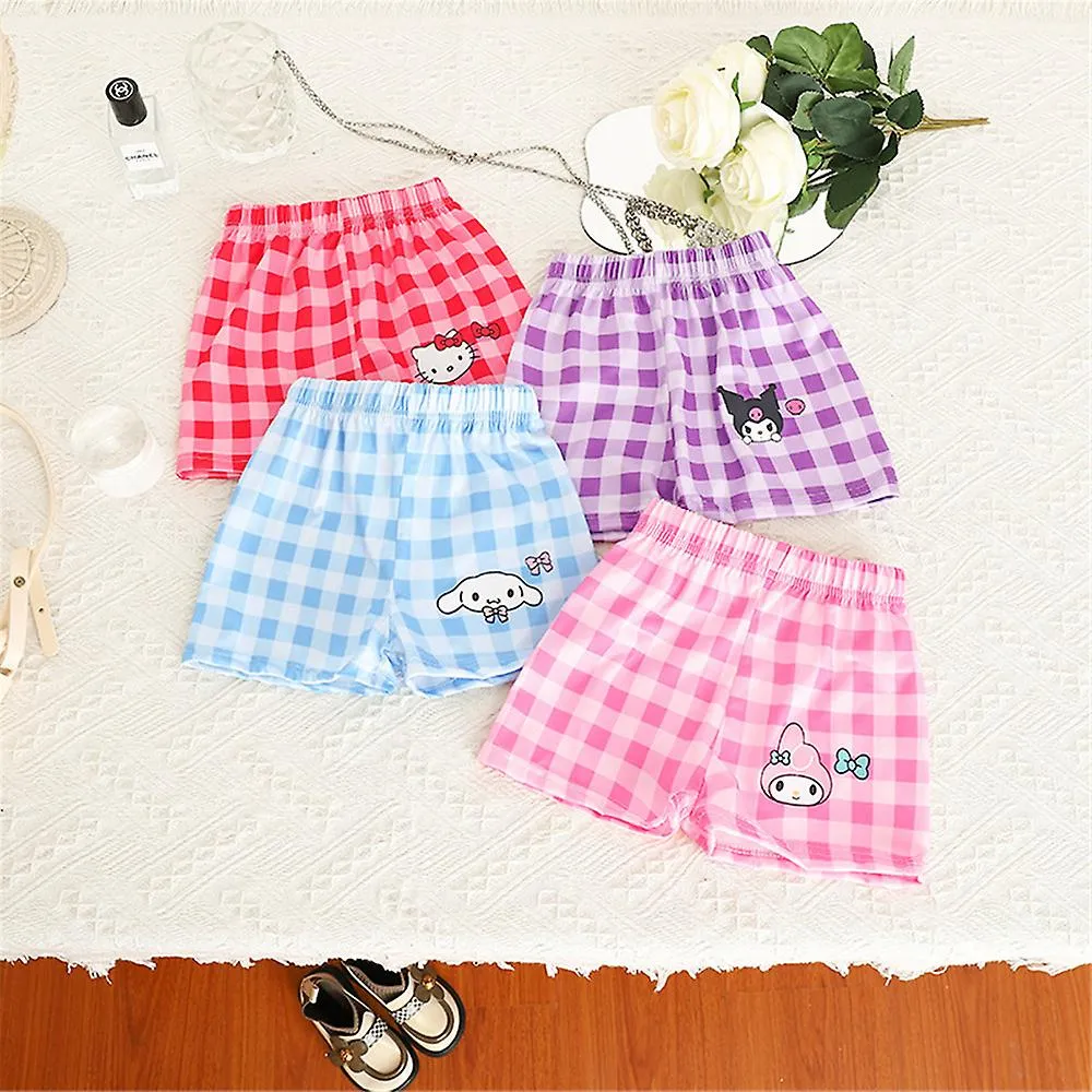 Sanrio Cartoon Melody Kuromi Hello Kitty Cinnamoroll Outfits Kids Girls Summer Casual T-Shirt Plaid Shorts Set Loungewear Home C