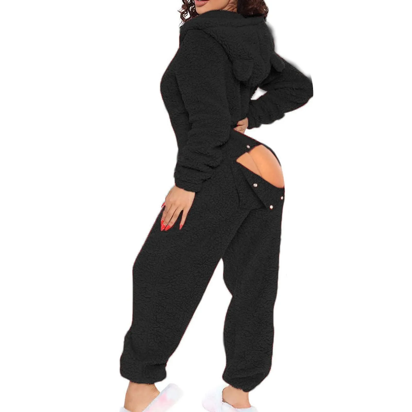 Sexy Adult Onesie Pajamas for Women Butt Flap Fleece Hooded One Piece Pajamas Womens Fluffy Sleepwear