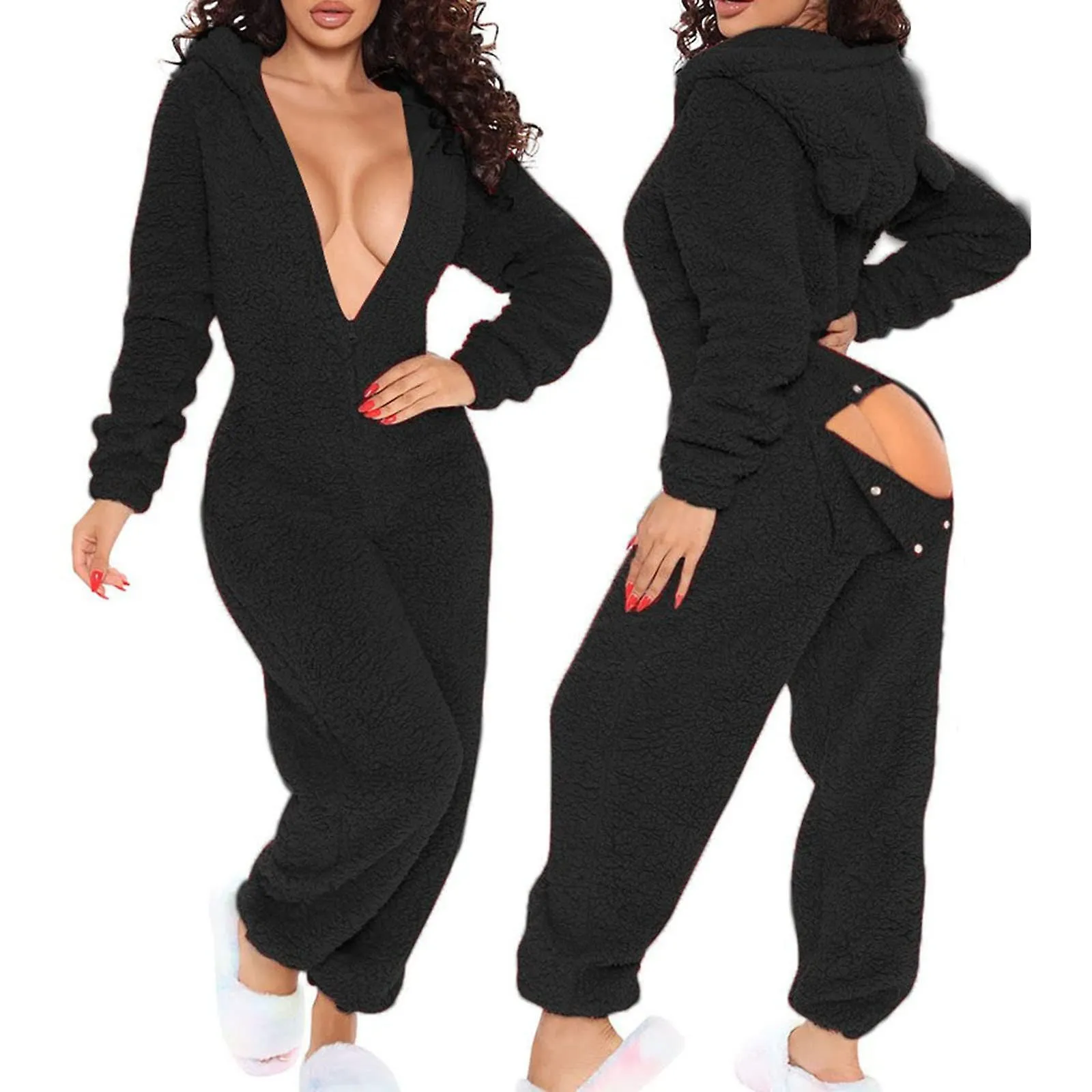 Sexy Adult Onesie Pajamas for Women Butt Flap Fleece Hooded One Piece Pajamas Womens Fluffy Sleepwear