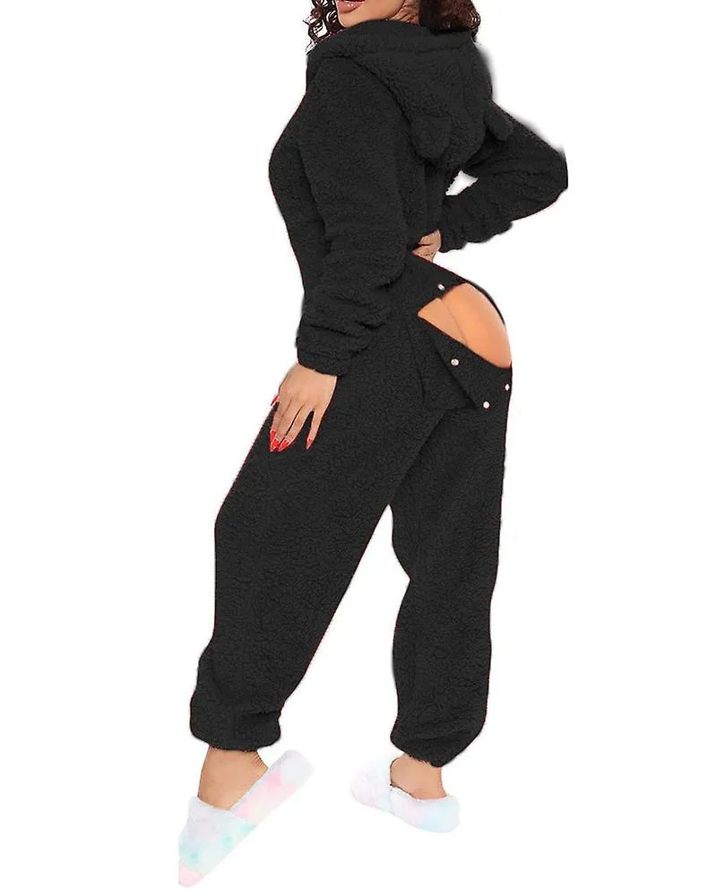 Sexy Adult Onesie Pajamas for Women Butt Flap Fleece Hooded One Piece Pajamas Womens Fluffy Sleepwear