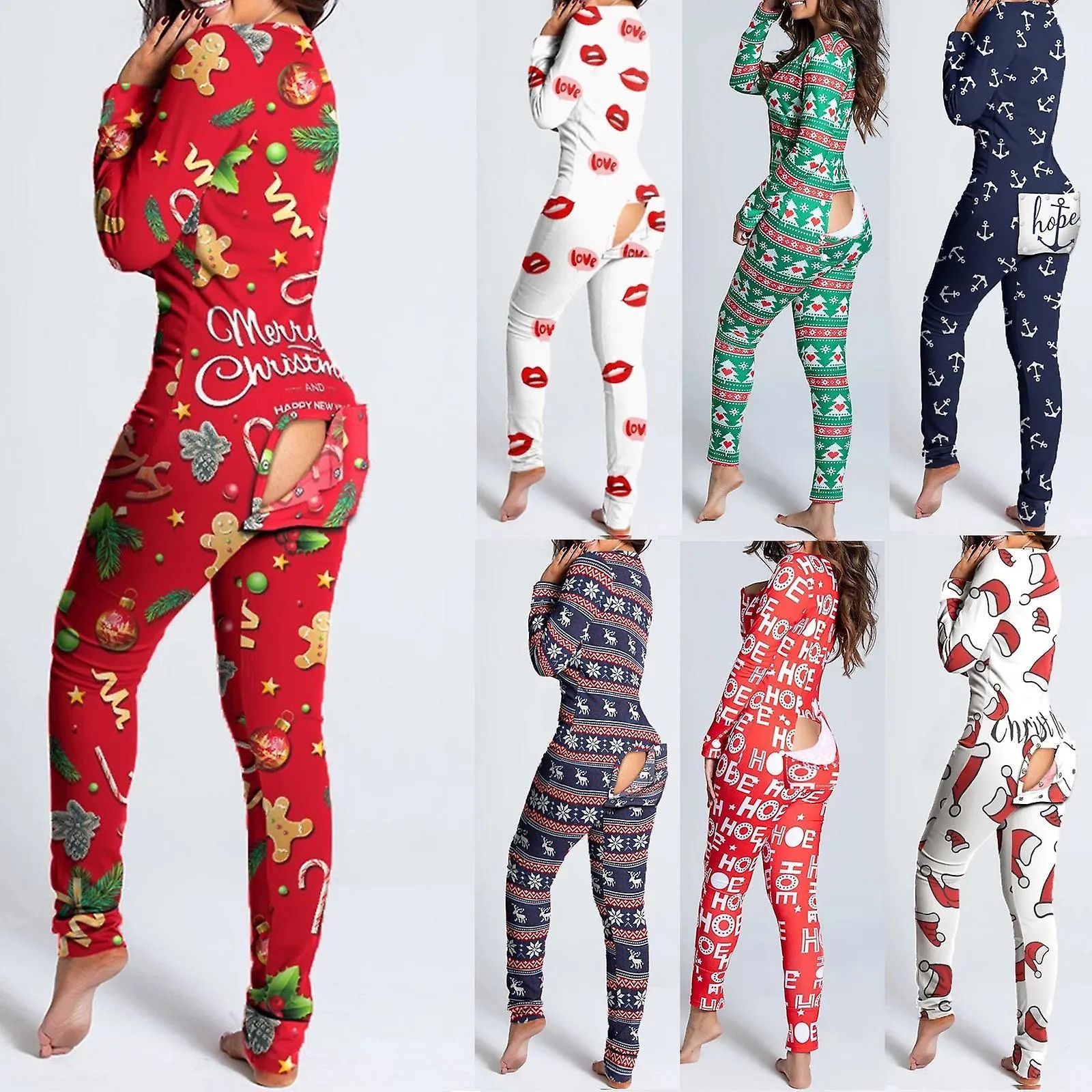 Sexy pajama for women christmas pajamas new year jumpsuit sleepwear button-down front back butt bum open ass flap jumpsuit xmas 