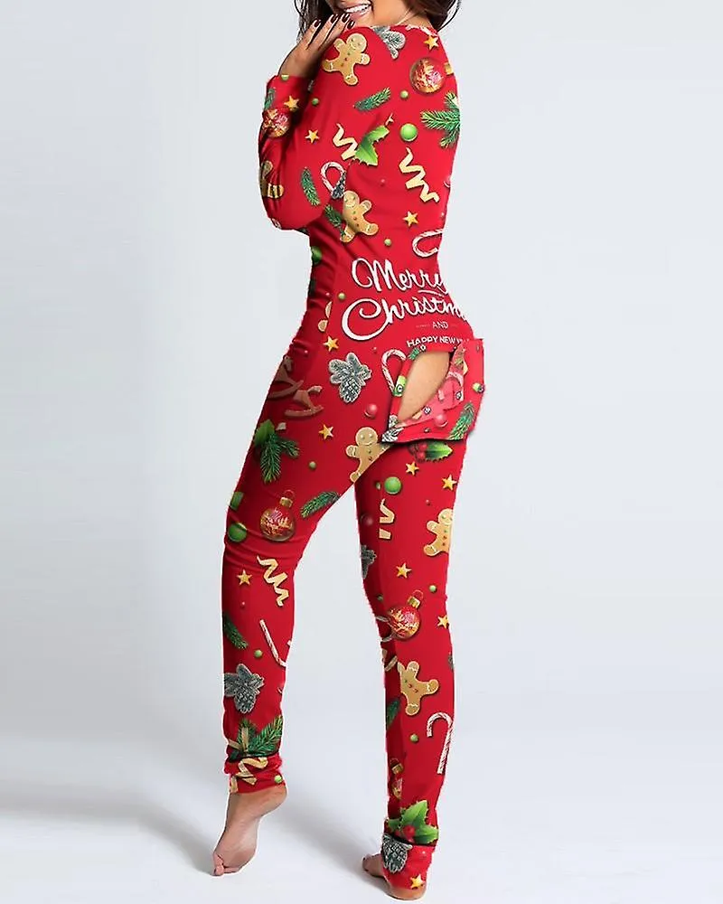 Sexy pajama for women christmas pajamas new year jumpsuit sleepwear button-down front back butt bum open ass flap jumpsuit xmas 