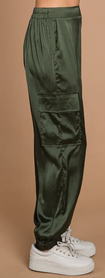 Still Alive Olive Satin Cargo Joggers